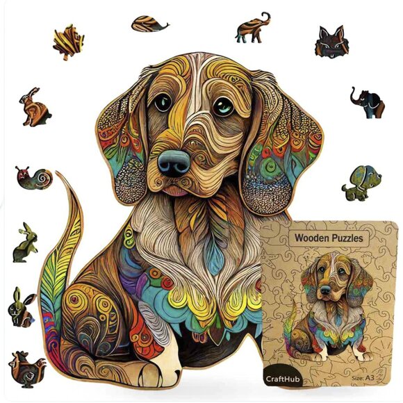 CraftHub Dachsund Sausage Dog Boho Wooden Jigsaw Puzzle w/Wooden Box Sz A3 (L) - Picture 1 of 6